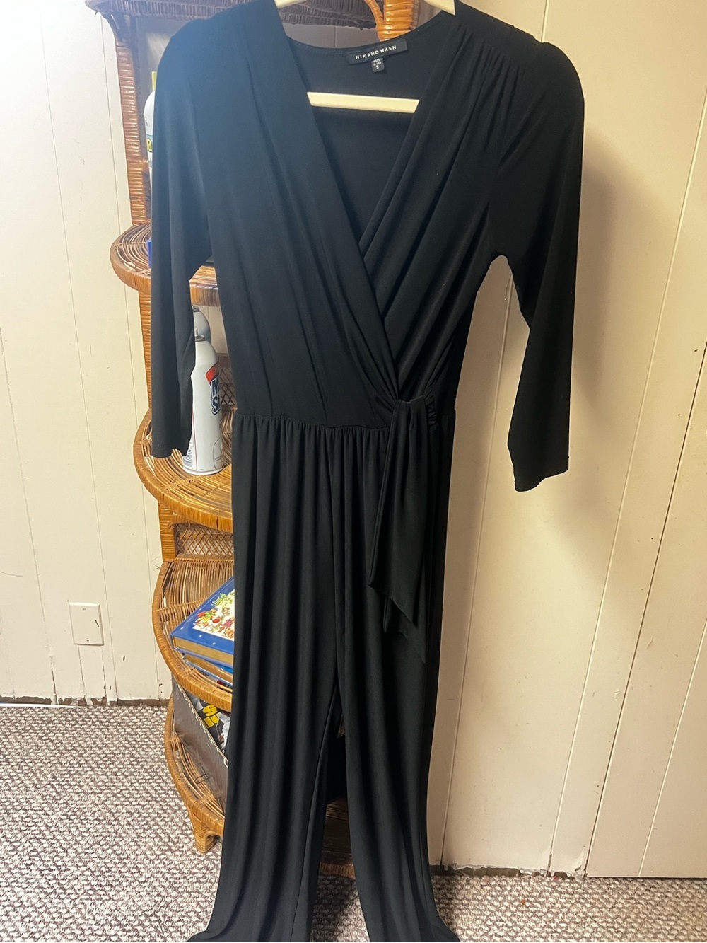 Black Long-Sleeve Wrap Jumpsuit with Tie Waist
